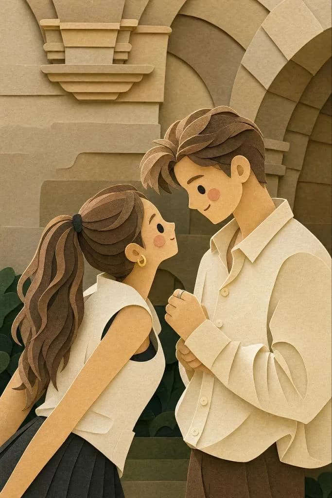 Layered Paper-Cut Couple Illustration AI photo style example on PromptKosh