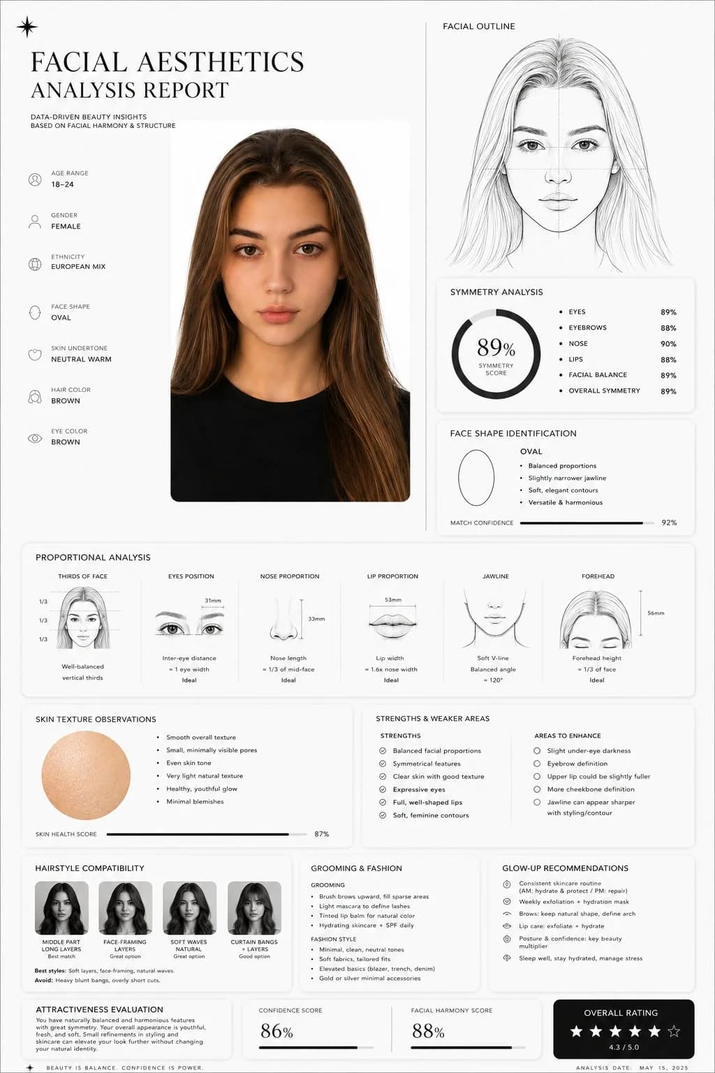 Luxury Facial Aesthetics Analysis Report AI photo style example on PromptKosh