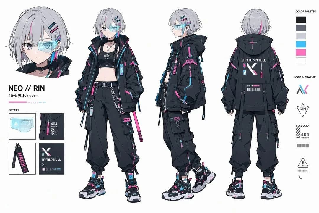 Ultra-Detailed Cyberpunk Character Design Sheet AI photo prompt example on PromptKosh