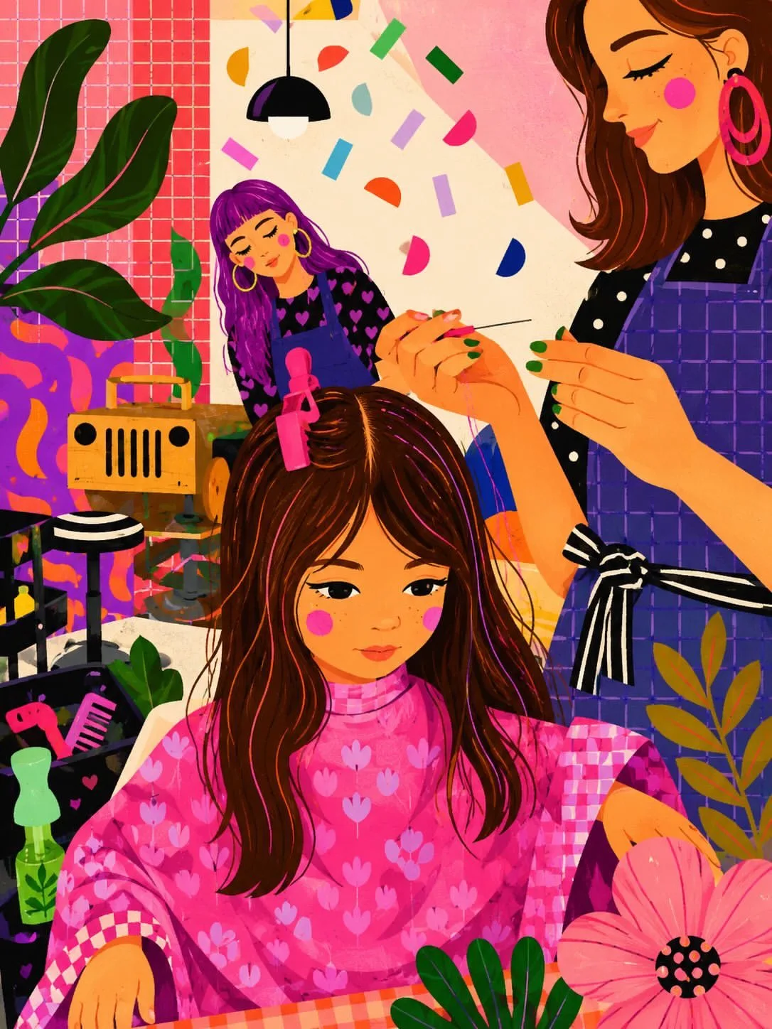 Cozy Indie Hair Salon Illustration AI photo style example on PromptKosh