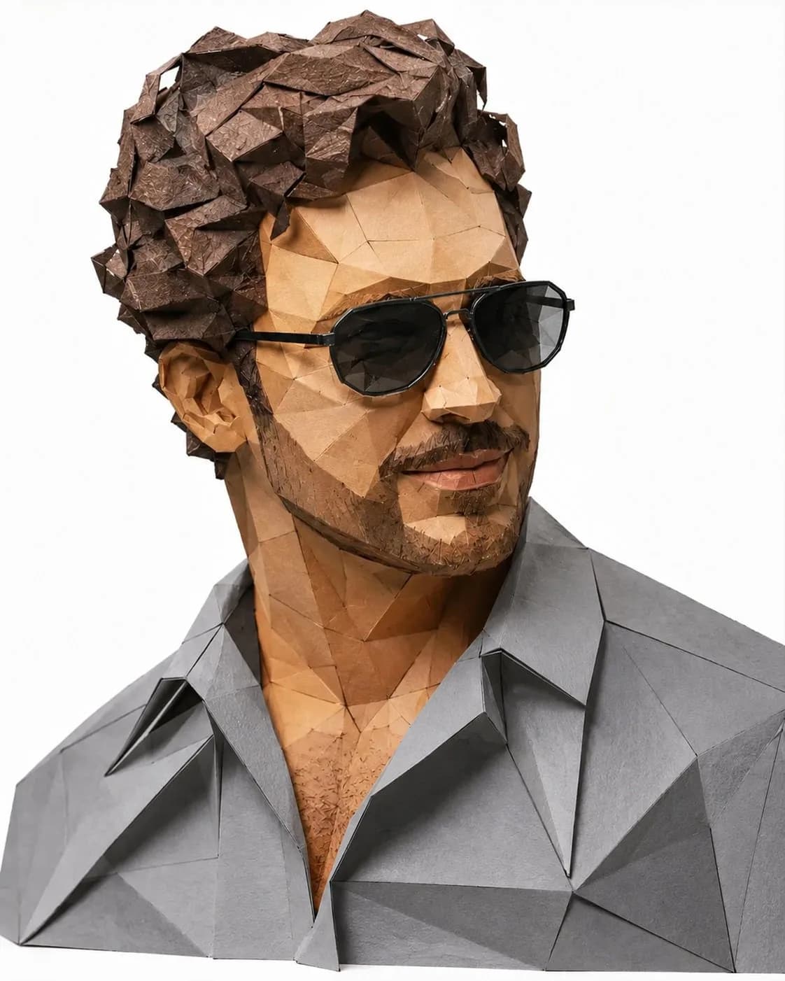 Low-Poly Papercraft Portrait of a Stylish Young Man AI photo style example on PromptKosh