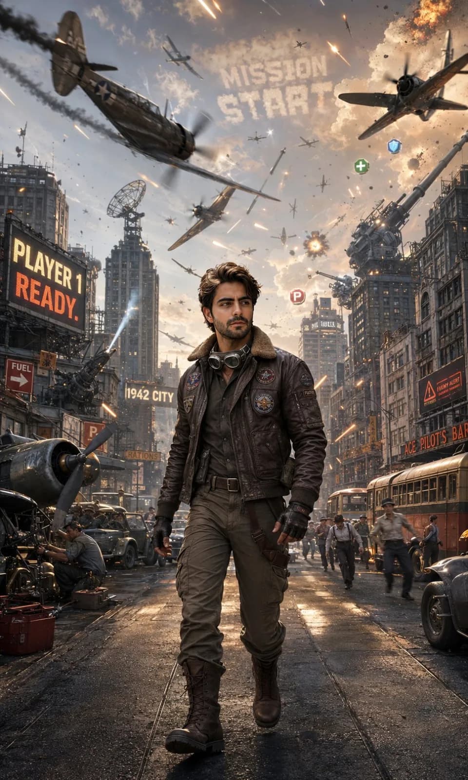 1942 Arcade Shooter City Scene AI photo style example on PromptKosh