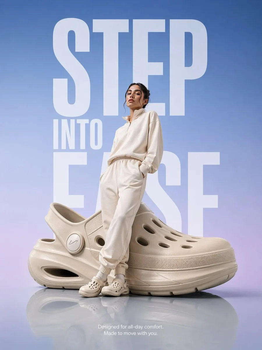 Oversized Comfort Clog Campaign AI photo style example on PromptKosh