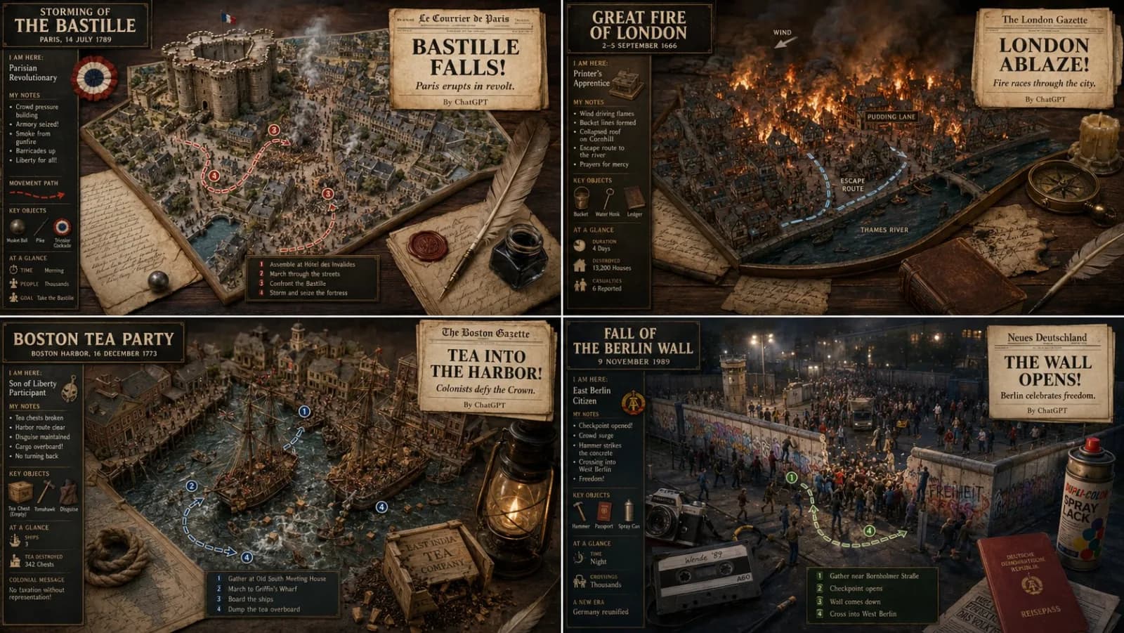Historical Event 2x2 Visual Map Grid AI photo style example on PromptKosh
