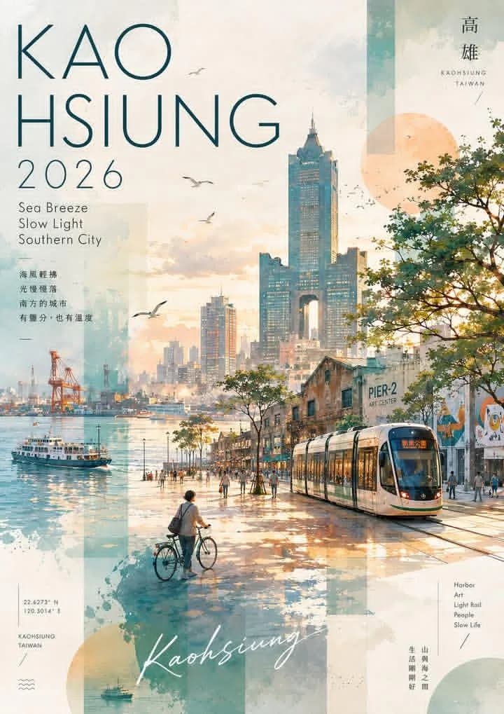 Kaohsiung Watercolor Collage Travel Poster AI photo prompt example on PromptKosh