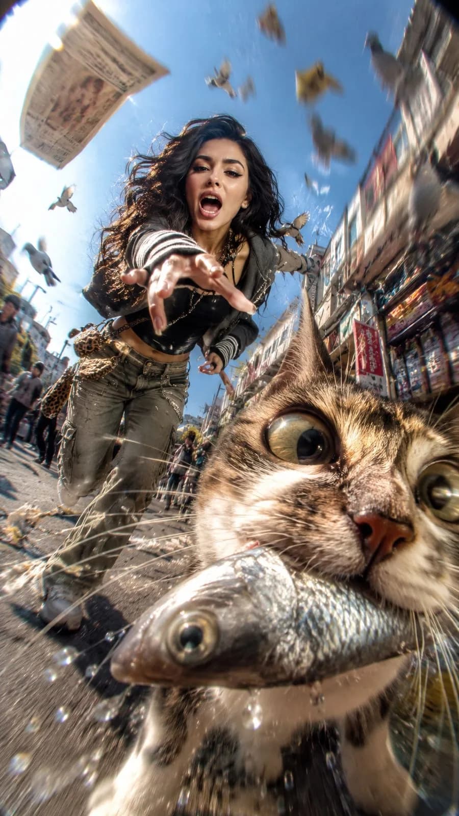 Chaotic Cat Chase in Urban Street AI photo style example on PromptKosh