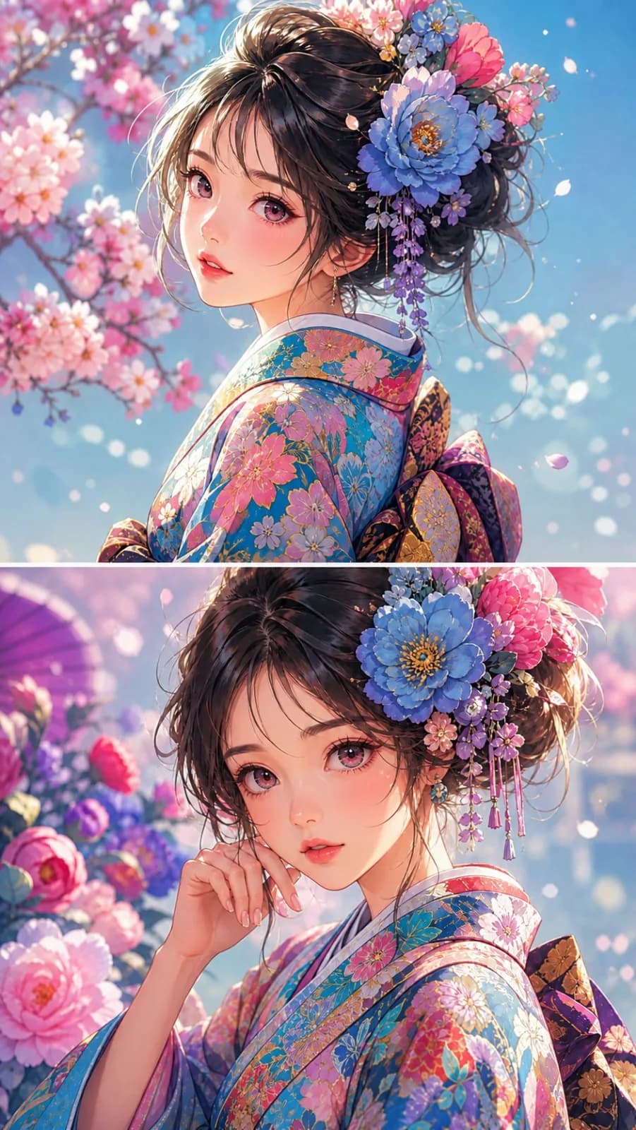 Vibrant Floral Kimono Anime Portrait AI photo prompt example on PromptKosh