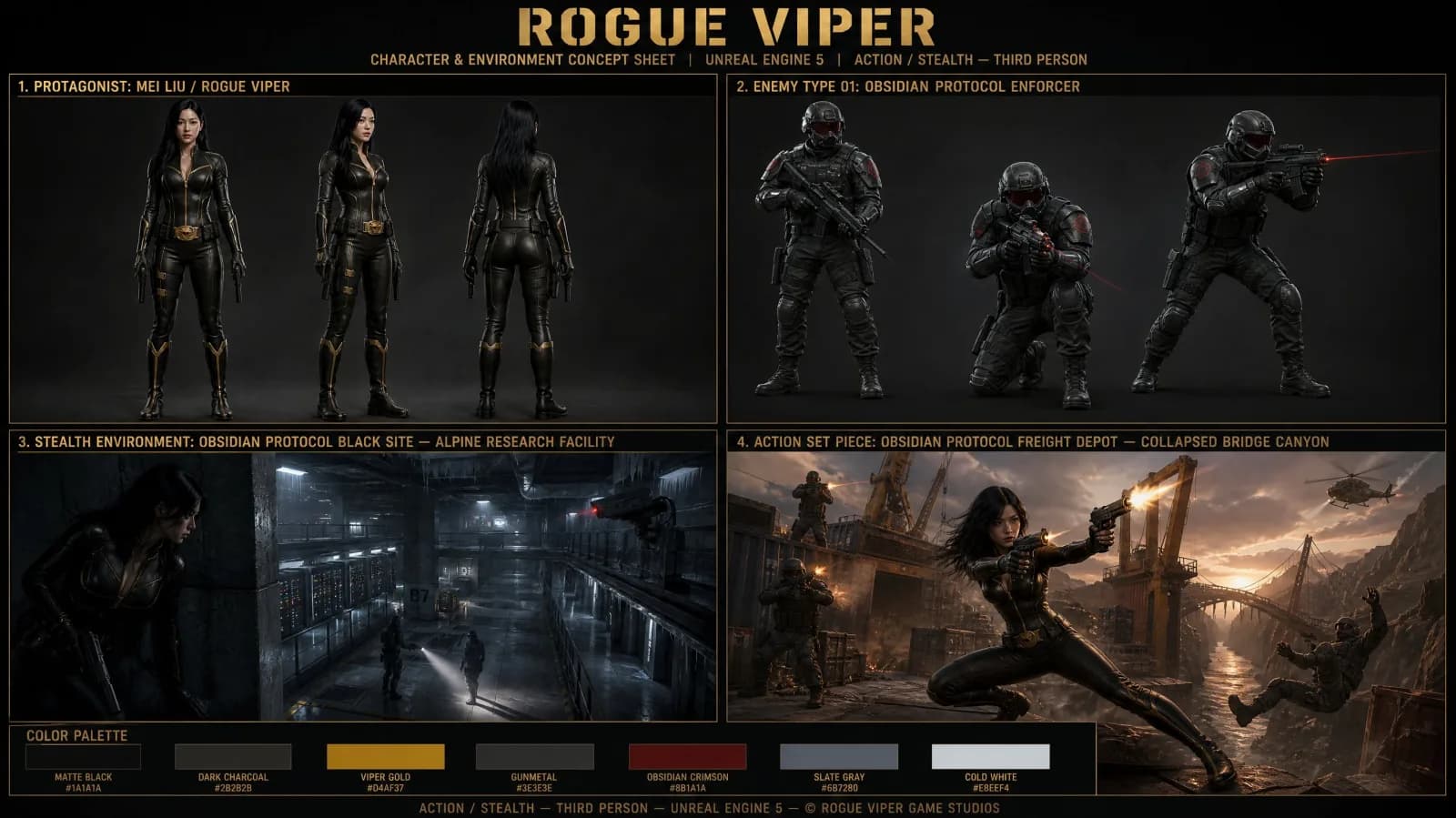 Rogue Viper Video Game Concept Art Sheet AI photo style example on PromptKosh