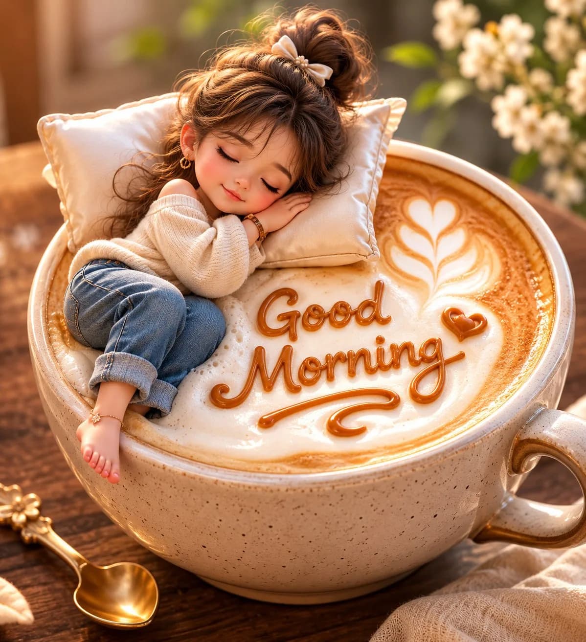 Cute Miniature Girl Floating on Latte AI photo style example on PromptKosh