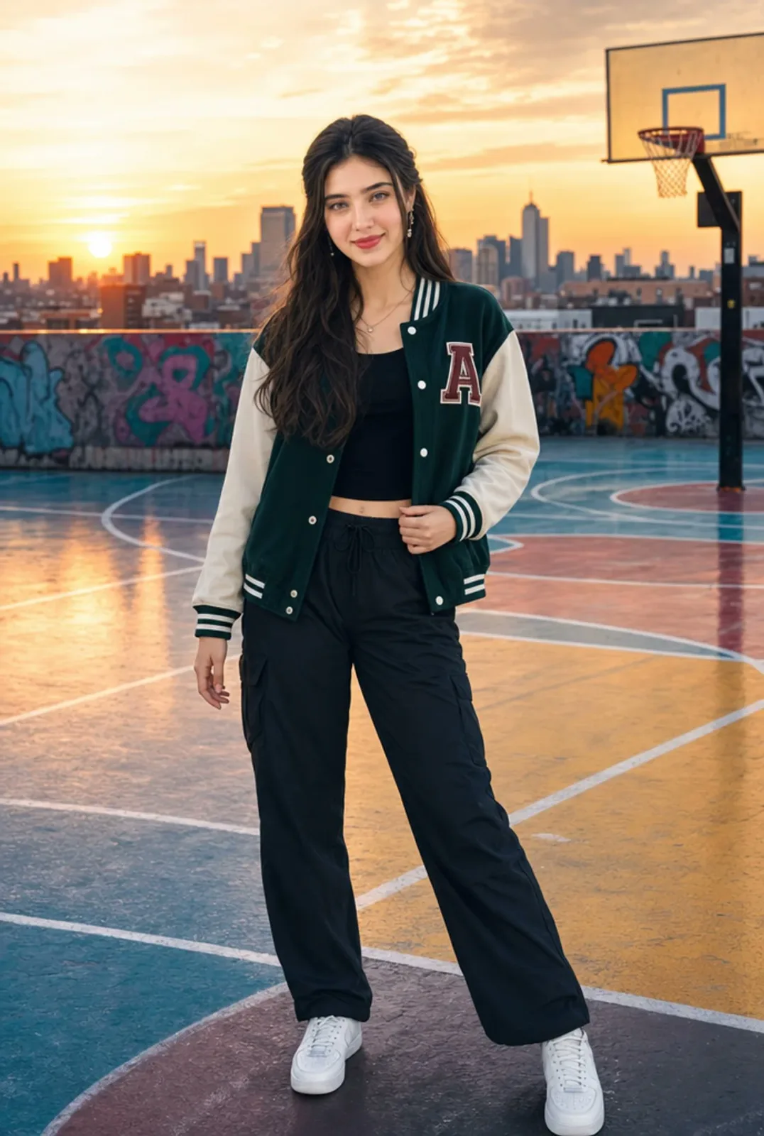 Sunset Portrait on Urban Rooftop Basketball Court AI photo style example on PromptKosh