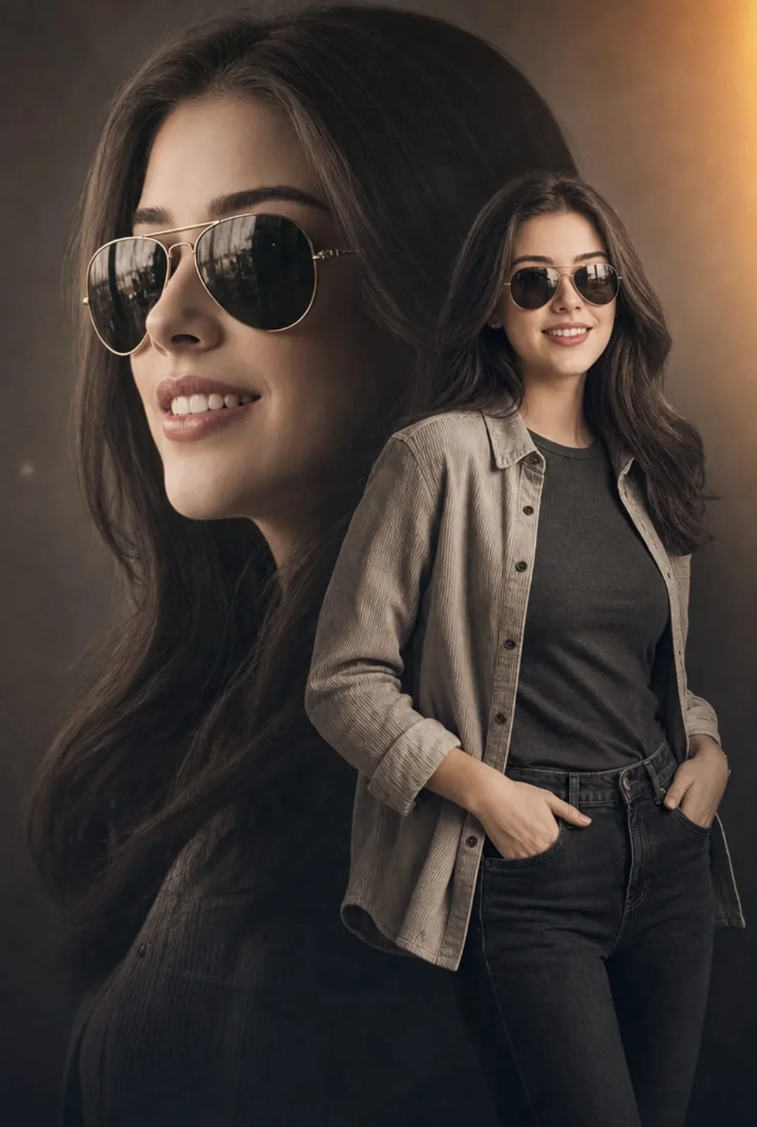 Cinematic Double-Exposure Fashion Portrait AI photo style example on PromptKosh