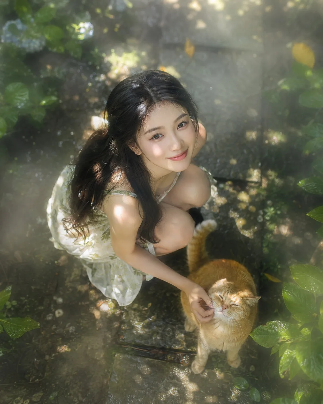 Overhead Shot of Young Asian Woman in Garden AI photo style example on PromptKosh