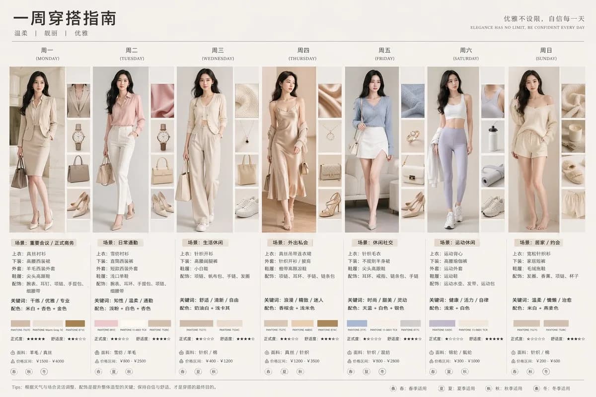 Seven-Day Womens Fashion Lookbook Infographic AI photo prompt example on PromptKosh