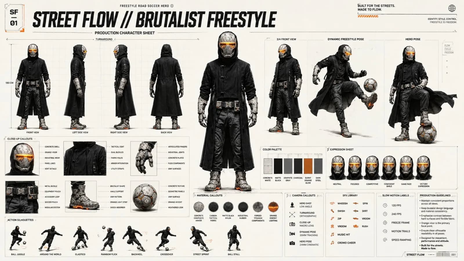 Brutalist Freestyle Character Design Sheet AI photo prompt example on PromptKosh