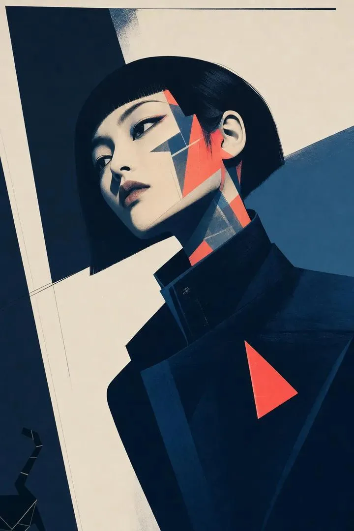 Hard-Edge Modern Art Portrait AI photo style example on PromptKosh