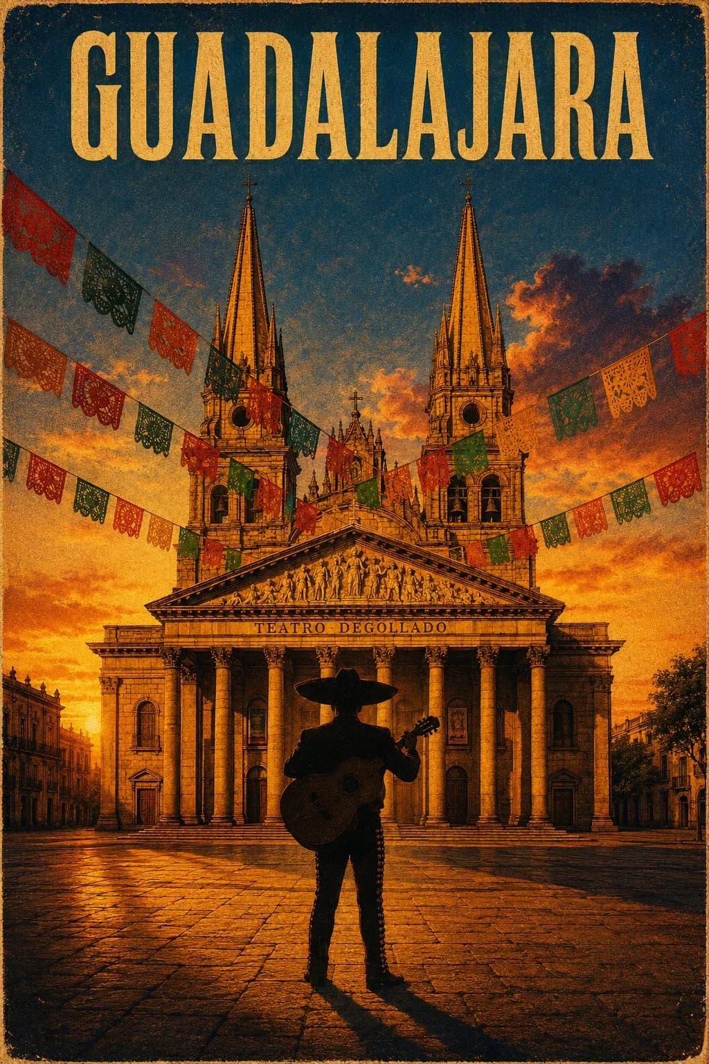 Cinematic Vintage Movie Poster for Guadalajara AI photo prompt example on PromptKosh