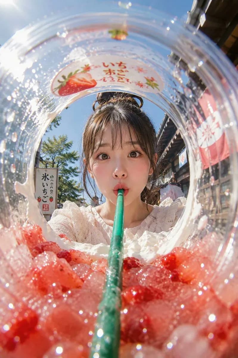 Summer Ice Drink Advertisement with Fish Eye Perspective AI photo prompt example on PromptKosh