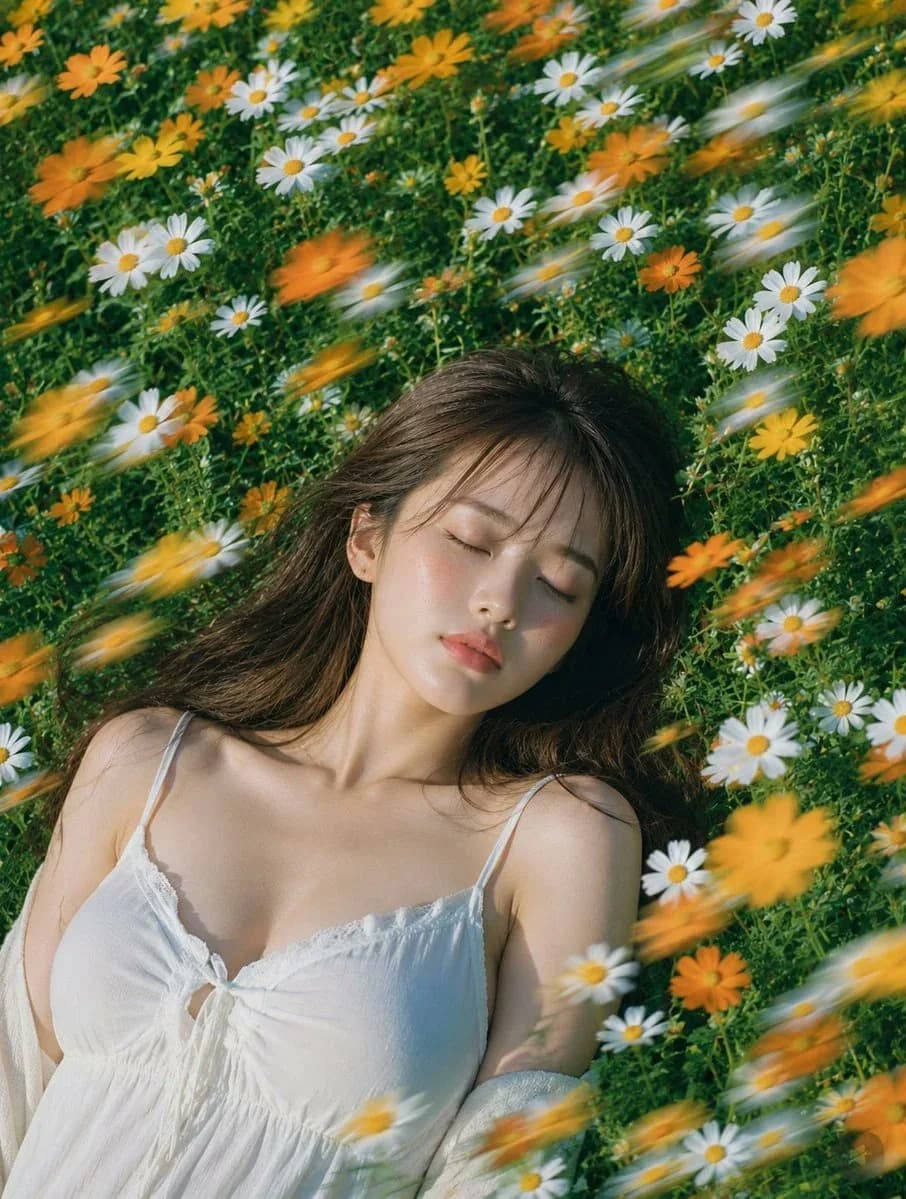 Summer Portrait in a Flower Field AI photo style example on PromptKosh