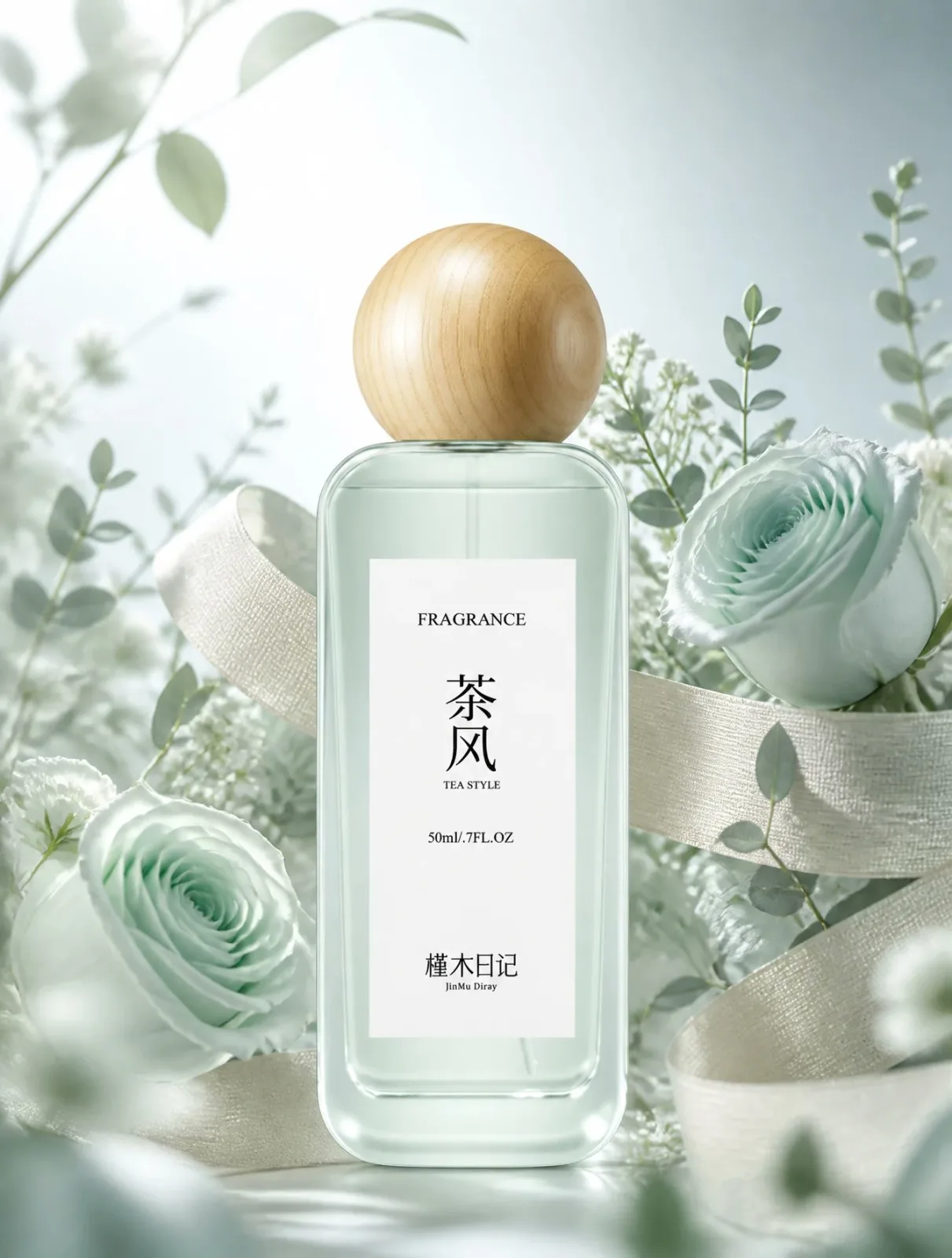 Mint Rose Perfume E-commerce Image AI photo style example on PromptKosh