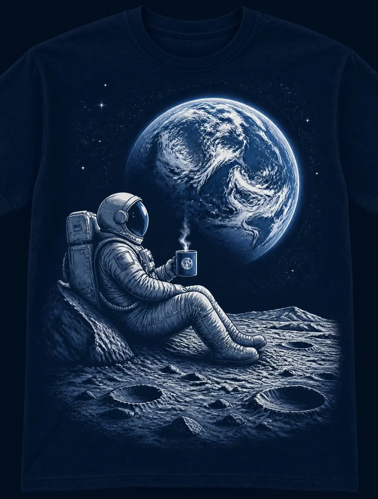 Astronaut Sitting on the Moon T-Shirt Design AI photo style example on PromptKosh