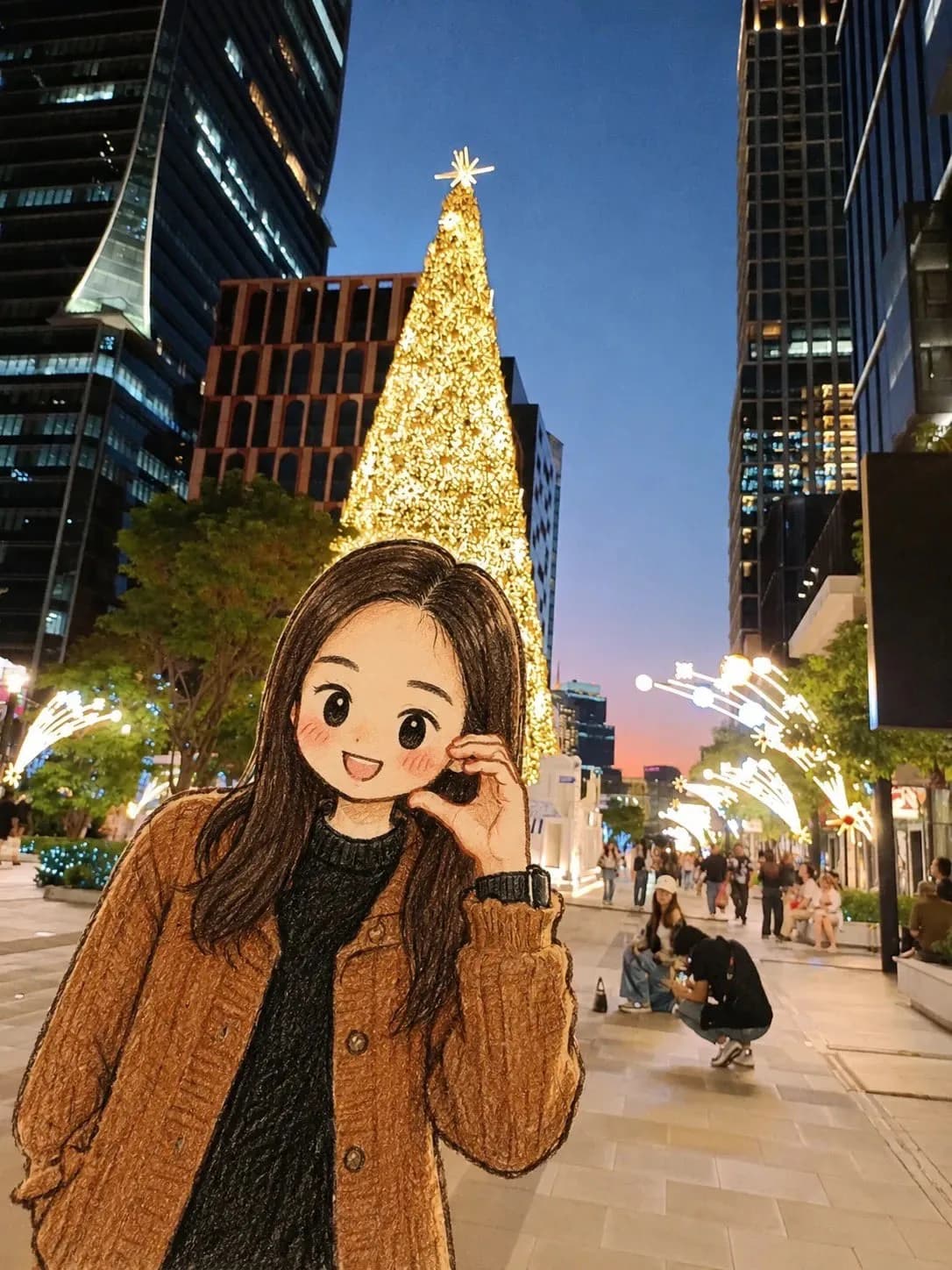 Chibi Christmas Street Scene with Realistic Background AI photo prompt example on PhotoReady