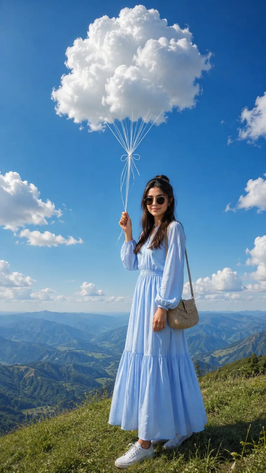Dreamy Outdoor Fashion Portrait with Cloud Balloon AI photo prompt example on PhotoReady