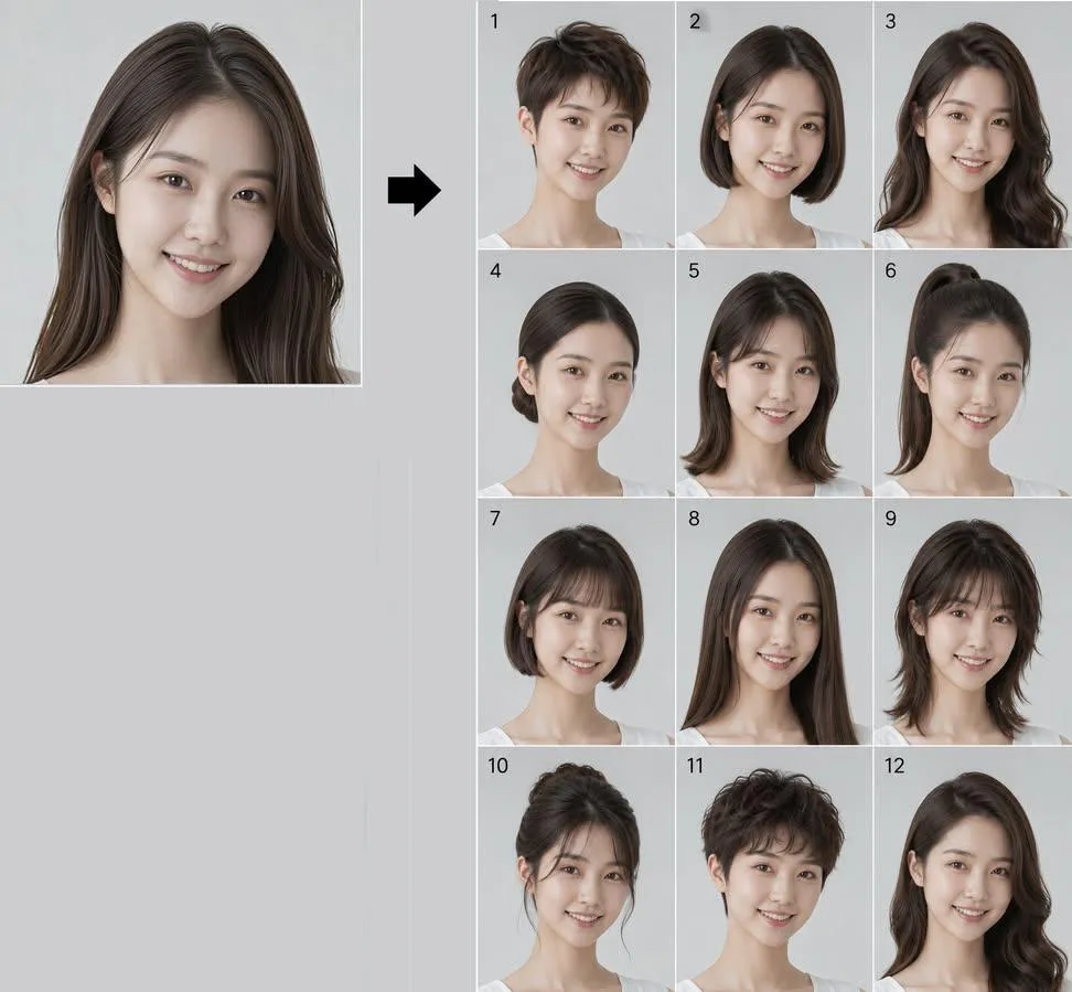 12 Different Hairstyles Lookbook for One Person AI photo style example on PromptKosh