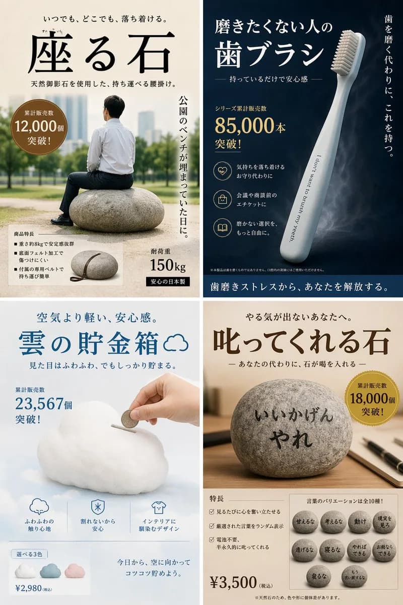 Satirical Quirky Japanese Inventions Ad Quad AI photo style example on PromptKosh