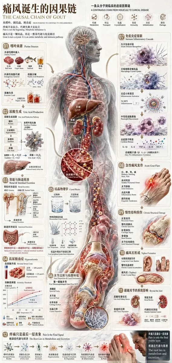 Comprehensive Medical Gout Causal Chain Infographic AI photo prompt example on PromptKosh