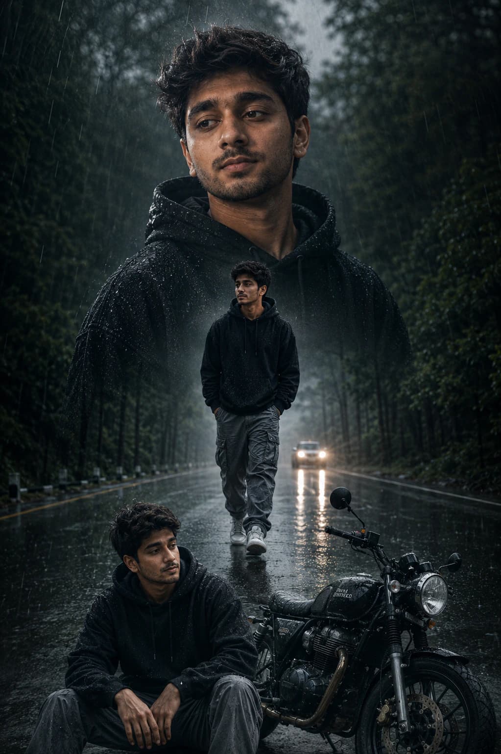 Rain Rider Moodboard AI photo style example on PromptKosh