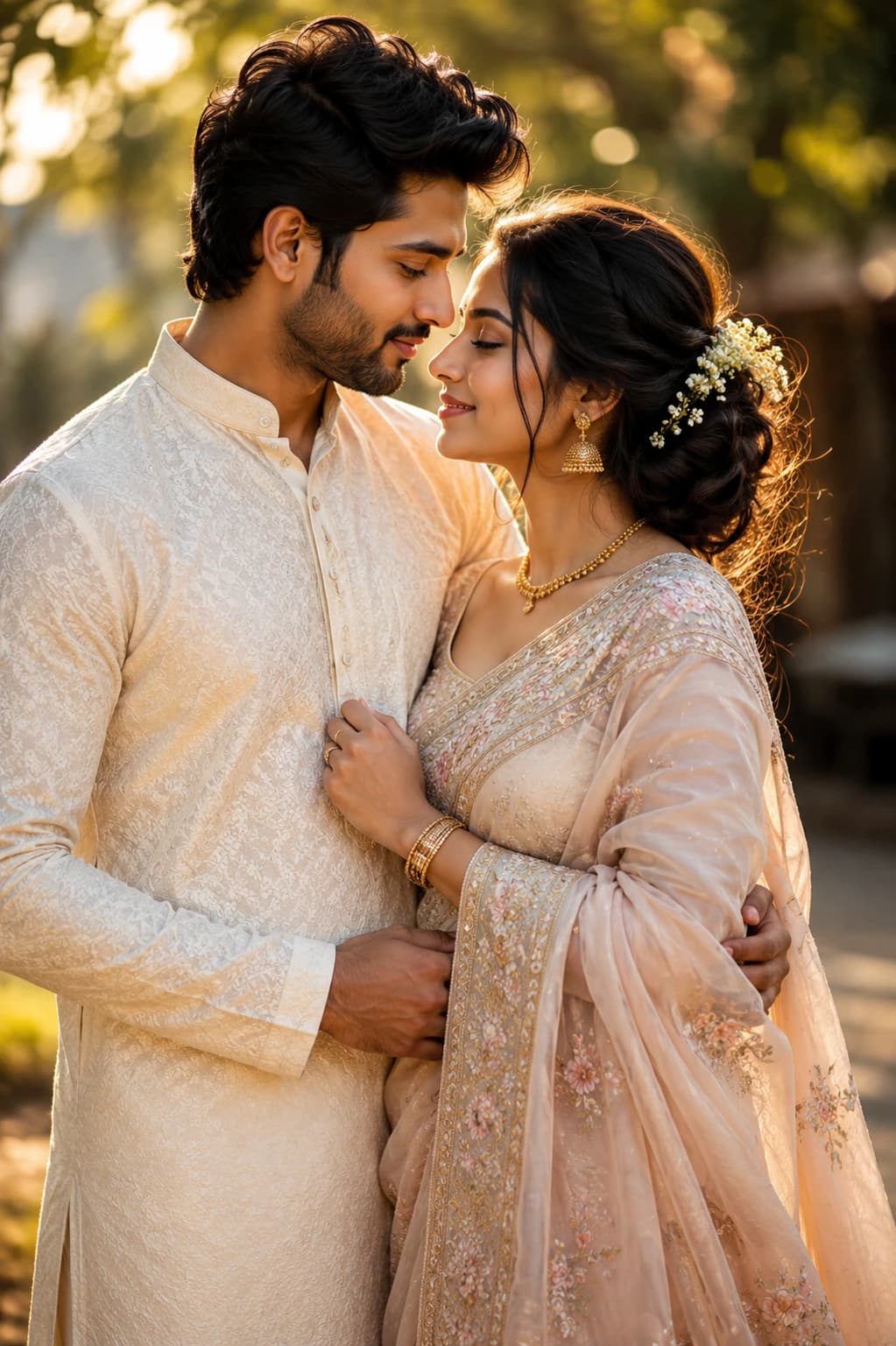 Romantic Golden Hour Couple Portrait AI photo prompt example on PromptKosh