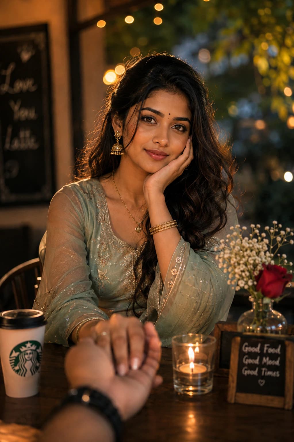 Romantic Café Couple Portrait – Cinematic Love AI photo prompt example on PromptKosh