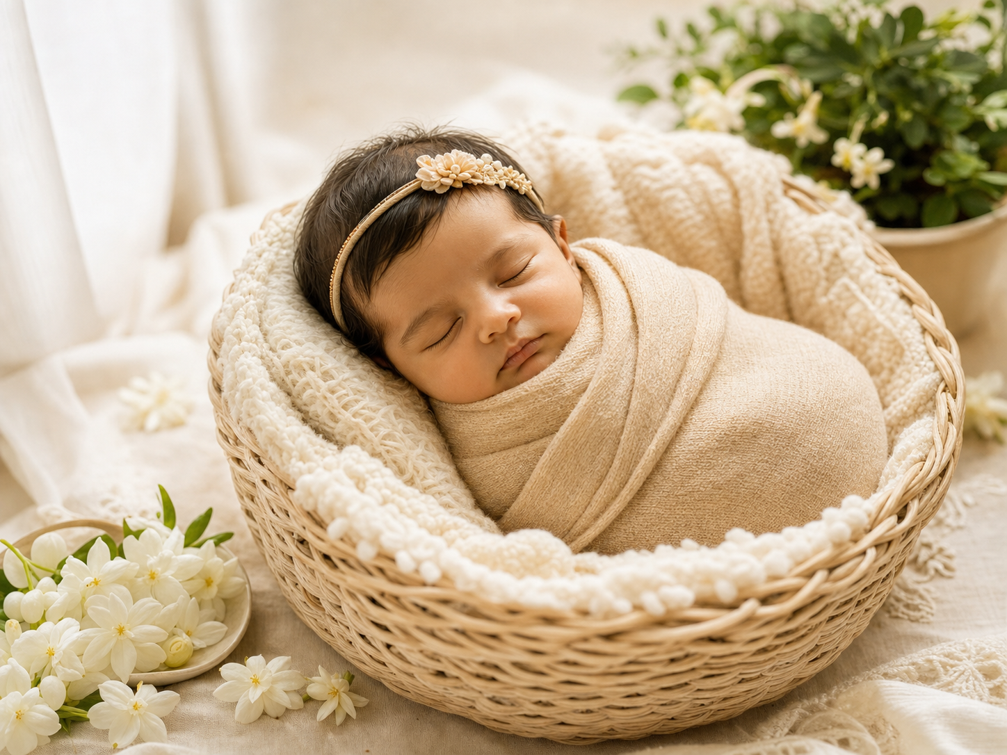 AI newborn baby photoshoot example with a sleeping Indian newborn wrapped in a soft beige swaddle.