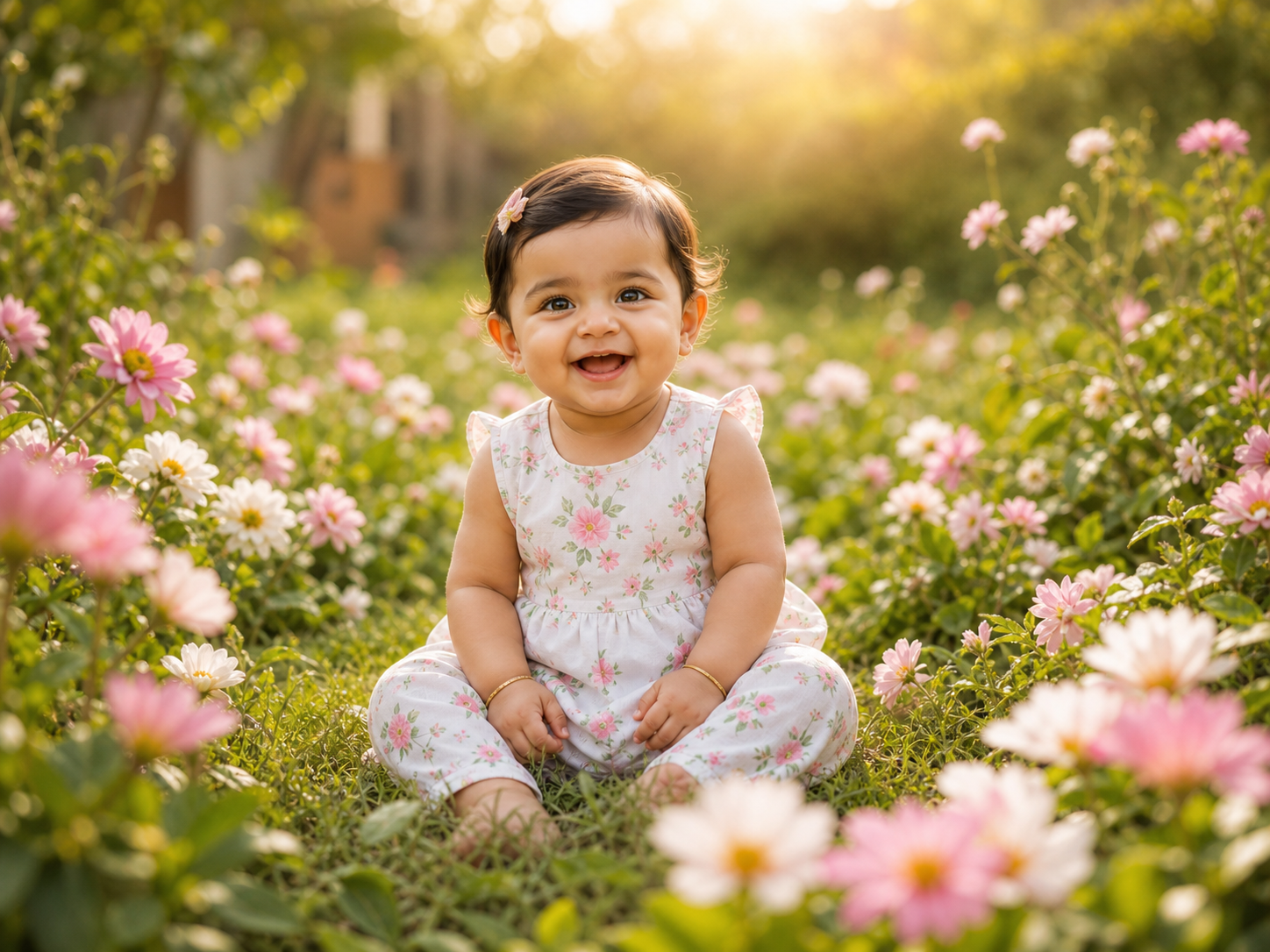 Outdoor AI baby photoshoot example with an Indian toddler sitting in a garden during golden hour.