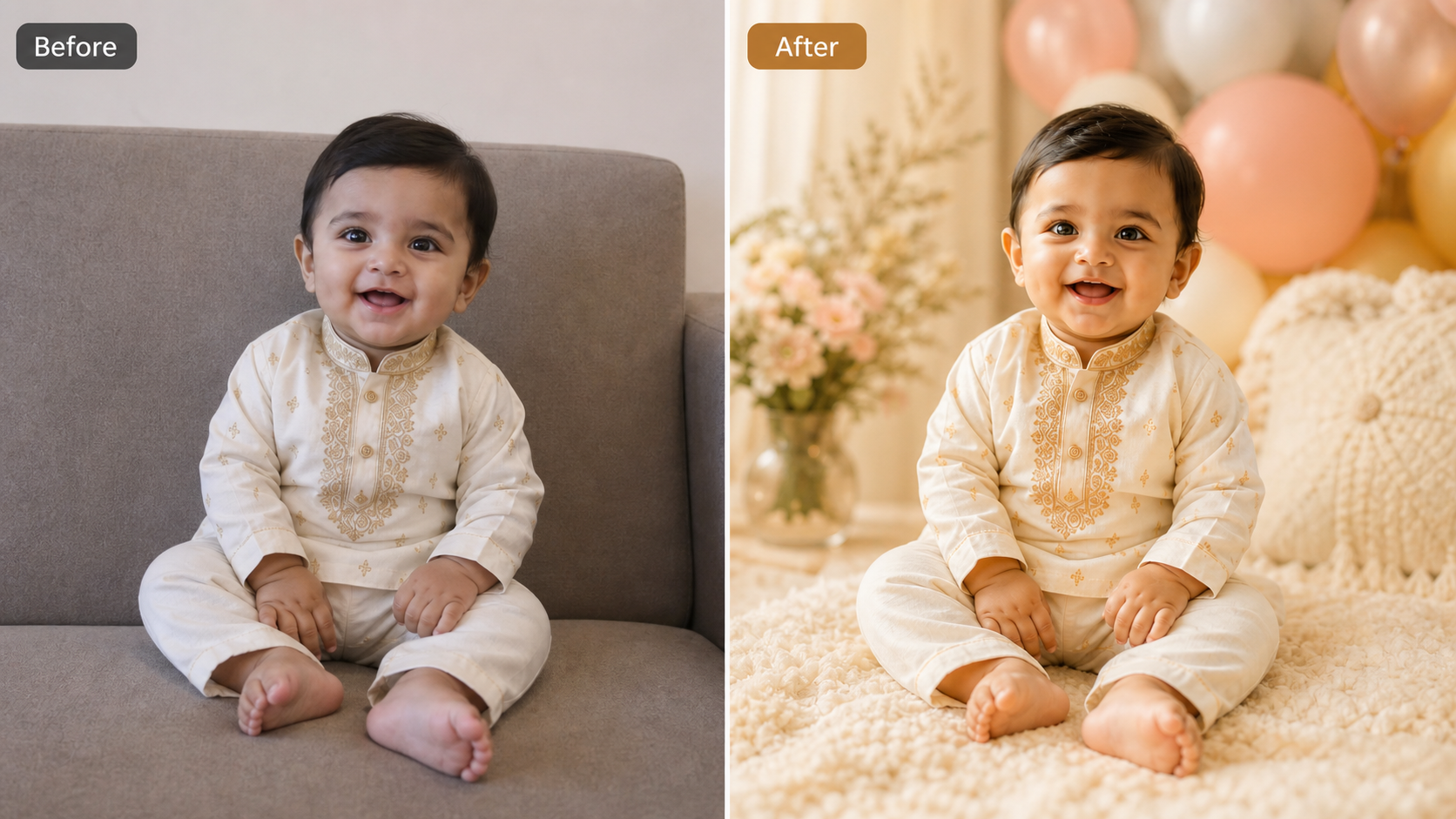 Before and after comparison showing a simple phone baby photo transformed into a realistic AI baby photoshoot.