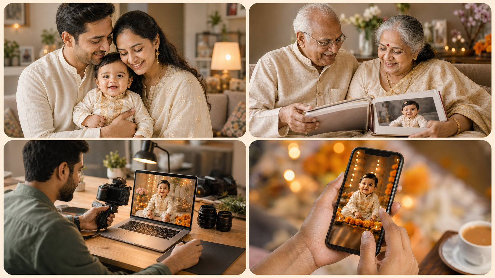 Lifestyle collage showing Indian parents, relatives, studio creators, and social sharing use cases for AI baby photoshoot prompts.
