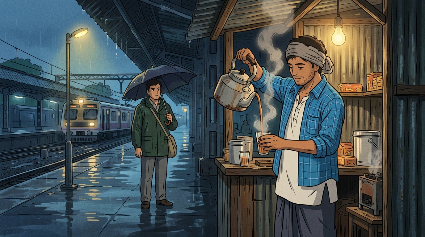 Chaiwala pouring tea on a rain-soaked Mumbai platform illustrated in clean hand-drawn 2D animation style with cel shading
