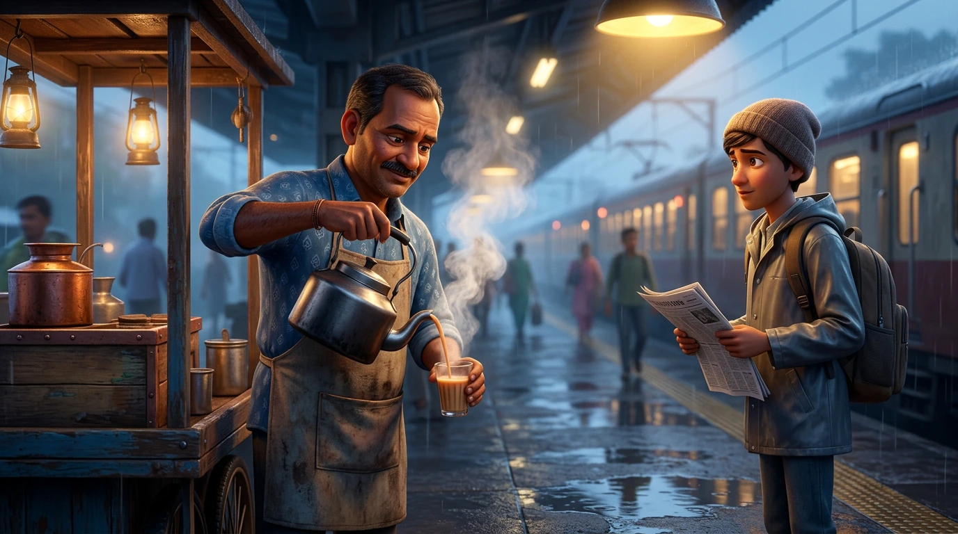 Chaiwala pouring tea on a rain-soaked Mumbai platform rendered in clean three-dimensional computer animation with detailed wet reflections