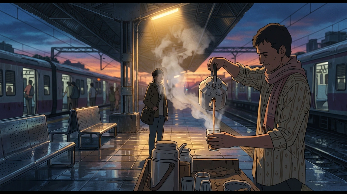 Chaiwala pouring tea on a rain-soaked Mumbai platform in Japanese theatrical anime style with rich sky gradients