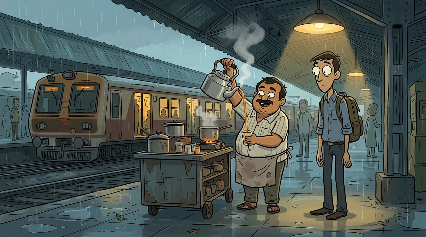 Chaiwala pouring tea on a rain-soaked Mumbai platform drawn in bold cartoon style with thick black outlines