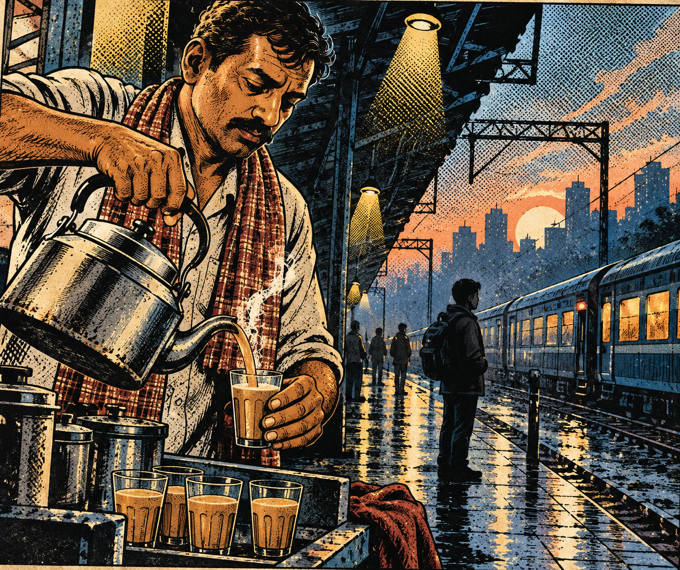 Chaiwala pouring tea on a rain-soaked Mumbai platform illustrated as a graphic novel panel with halftone dots