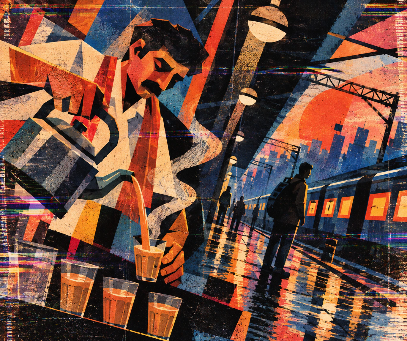 Chaiwala pouring tea on a rain-soaked Mumbai platform in abstract experimental animation style with fractured geometric patterns