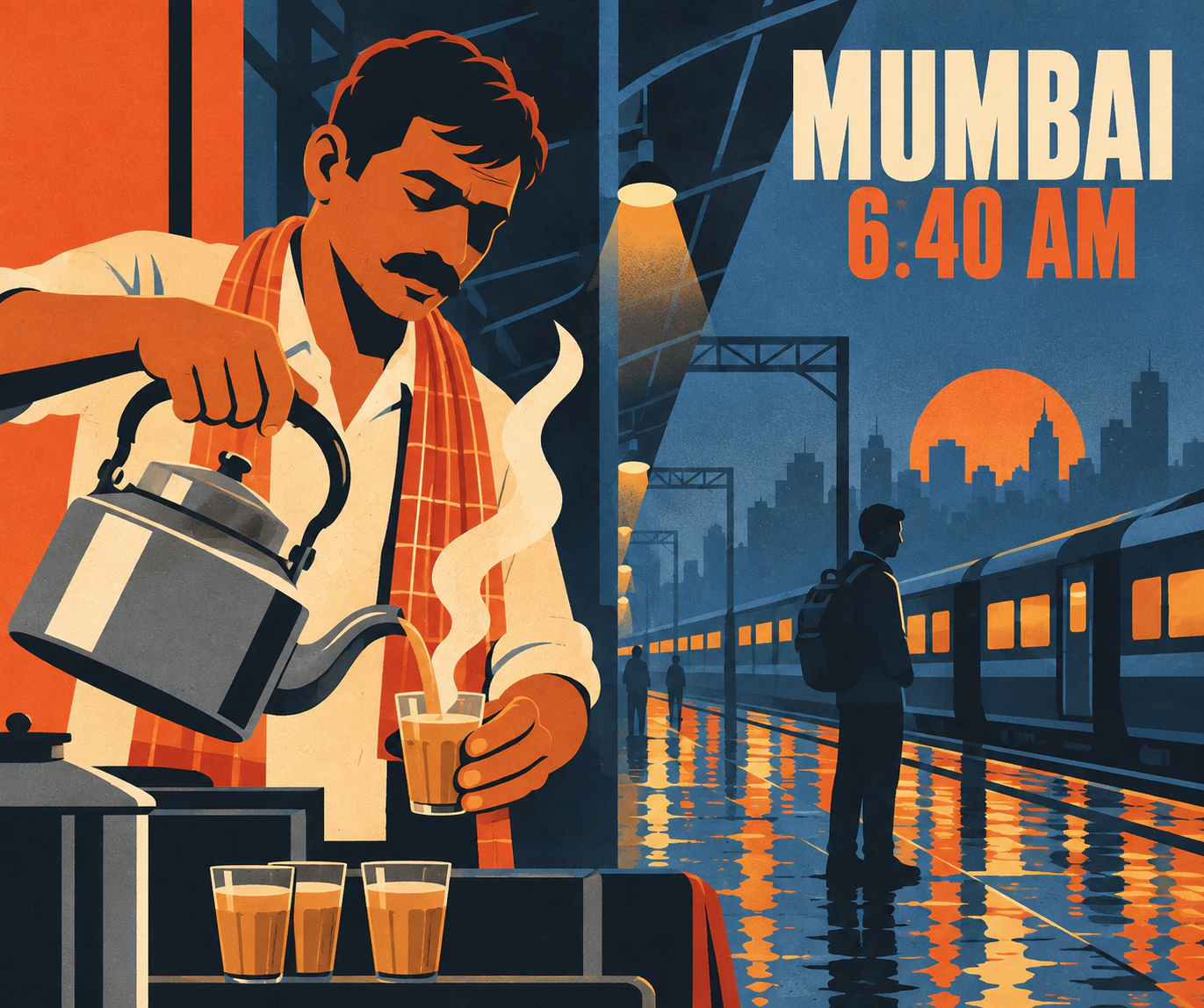 Chaiwala pouring tea on a rain-soaked Mumbai platform designed with flat geometric vector shapes and typography