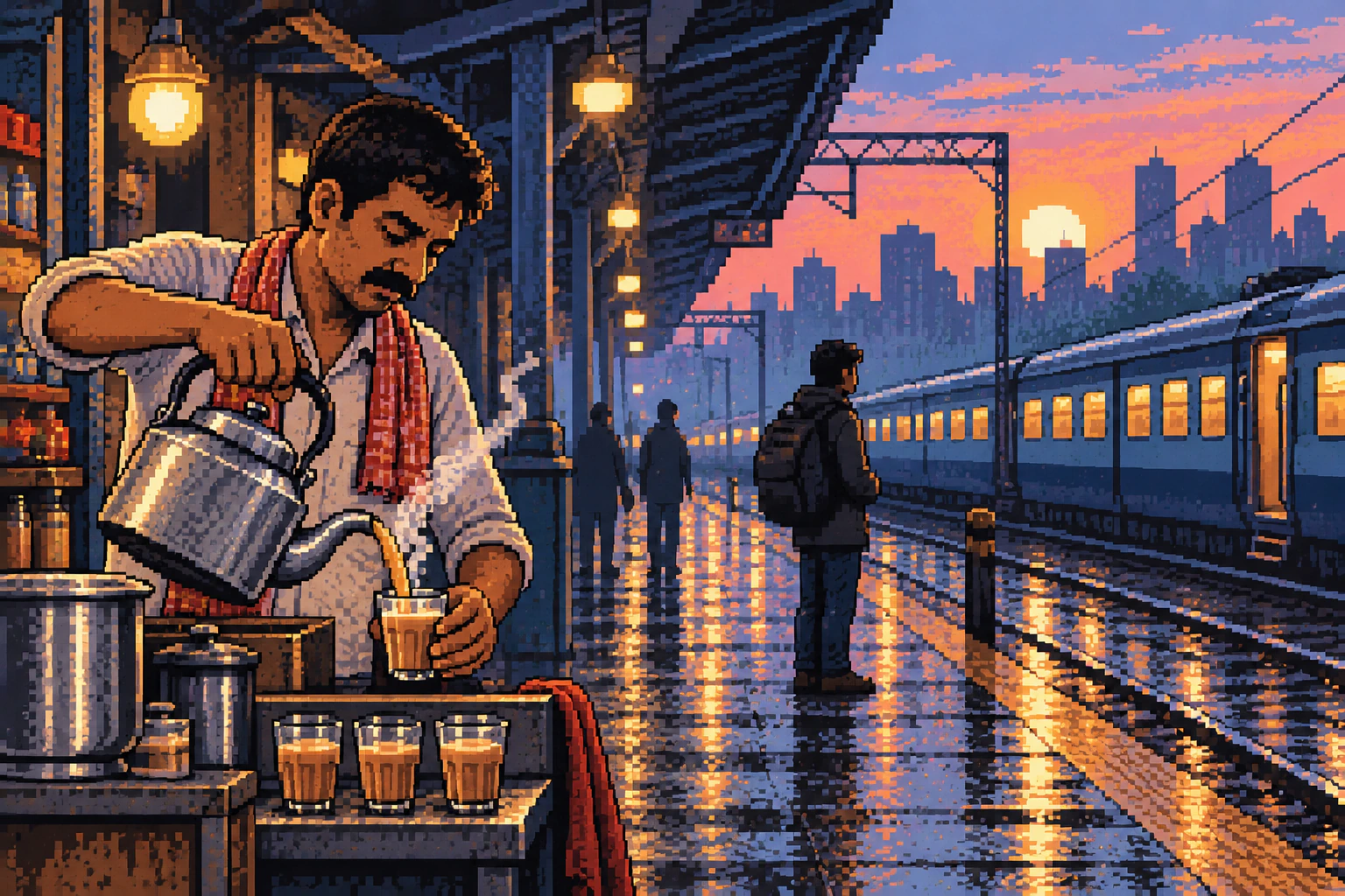 Chaiwala pouring tea on a rain-soaked Mumbai platform depicted as a sixteen bit pixel art video game sprite