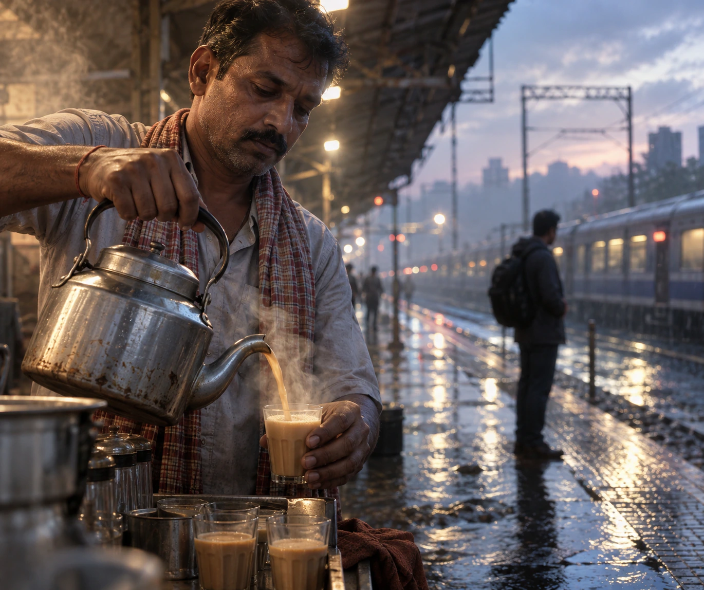 Chaiwala pouring tea on a rain-soaked Mumbai platform rendered as photorealistic digital VFX with realistic water reflections