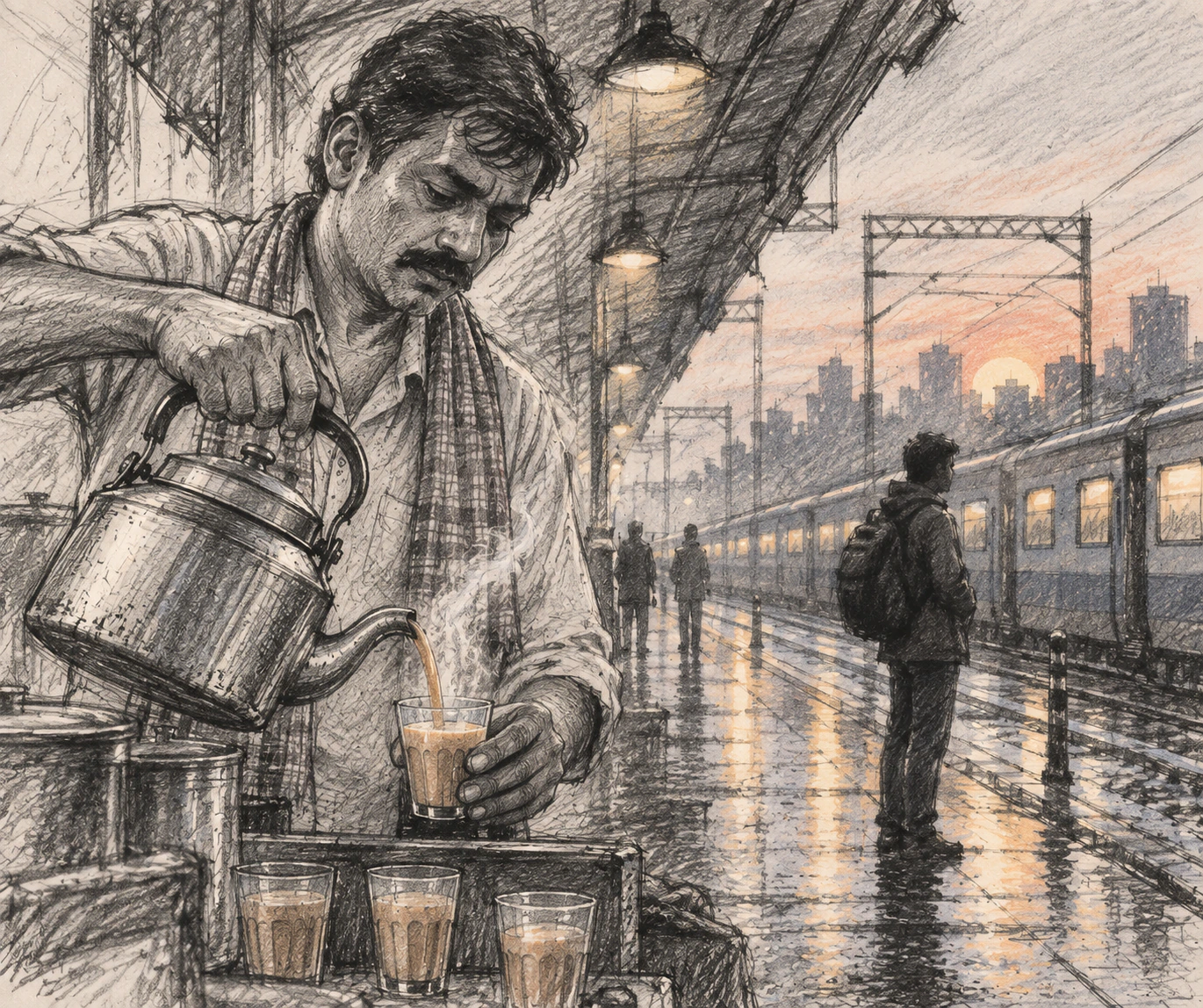 Chaiwala pouring tea on a rain-soaked Mumbai platform drawn as a rough pencil sketch with visible graphite hatching