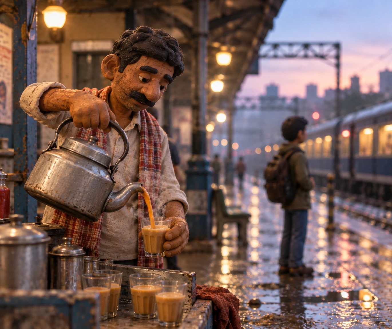 Chaiwala pouring tea on a rain-soaked Mumbai platform sculpted as a claymation puppet with visible clay textures