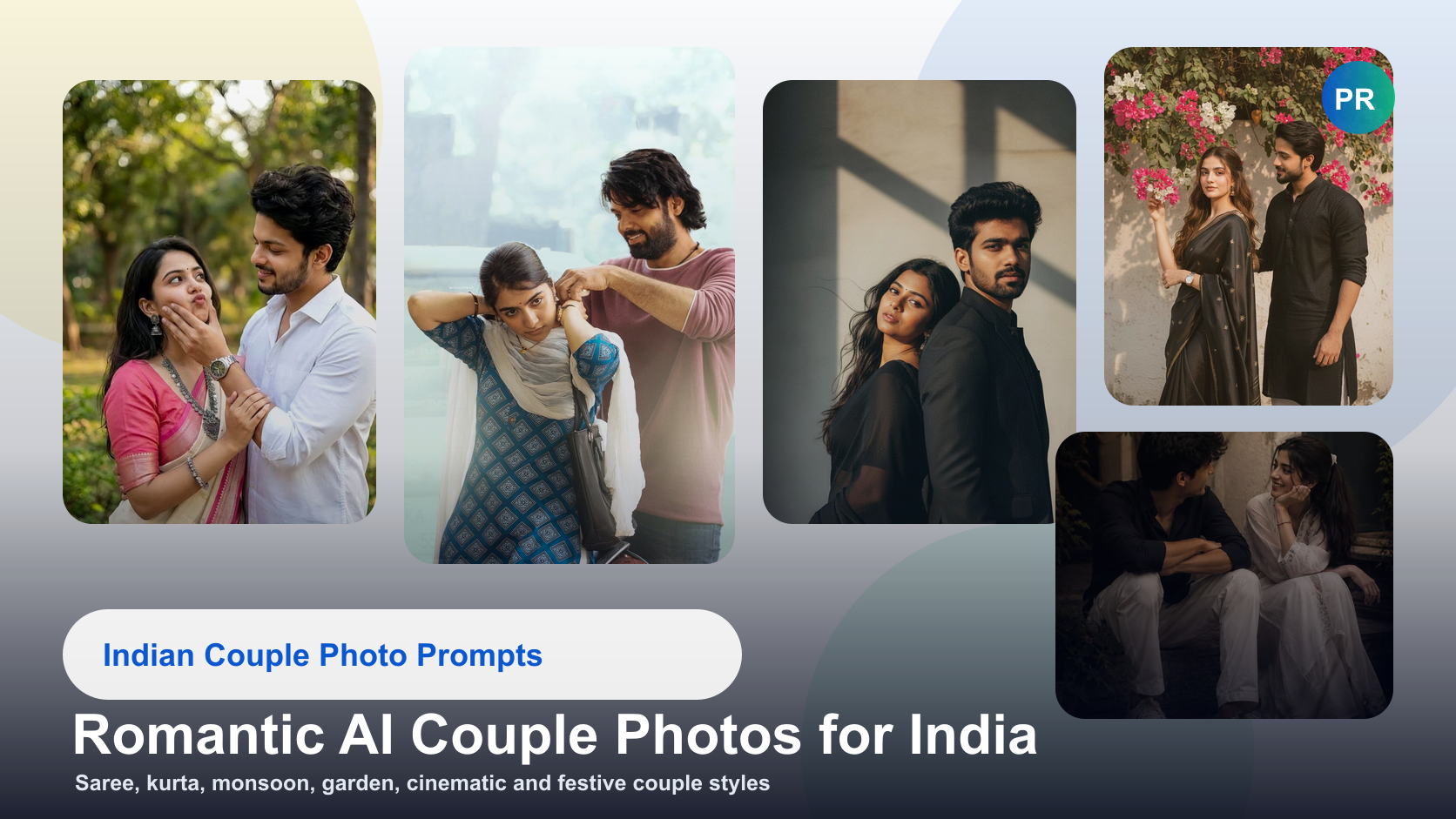 A single couple category can include playful, cinematic, festive, pre-wedding, and candid Indian romance styles. Collage showing Indian couple AI photo ideas for garden romance, earring adjustment, black outfit portrait, flower wall, and evening steps.