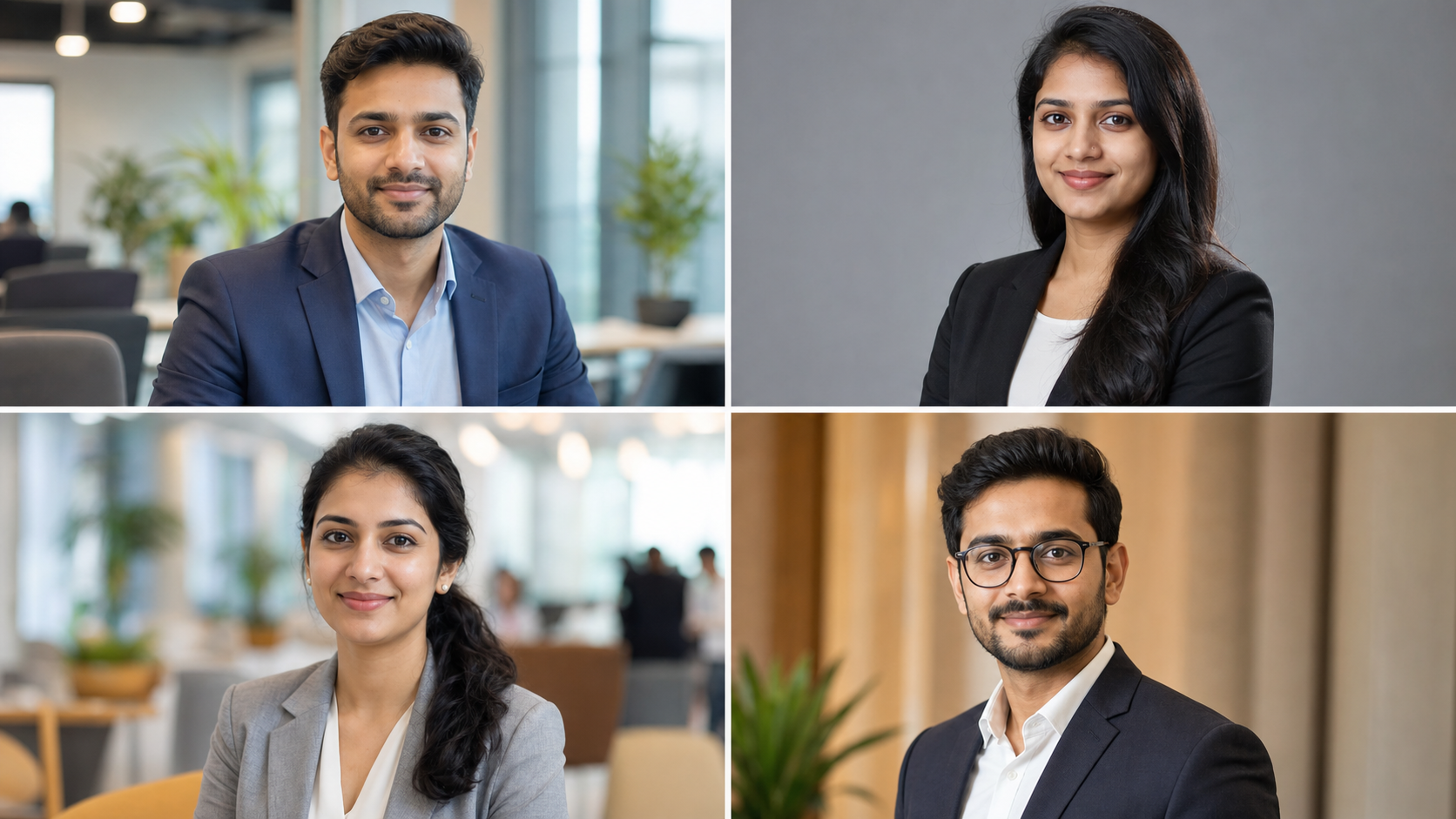 Four realistic AI LinkedIn headshot examples for Indian professionals in office, studio, coworking, and corporate lobby settings.