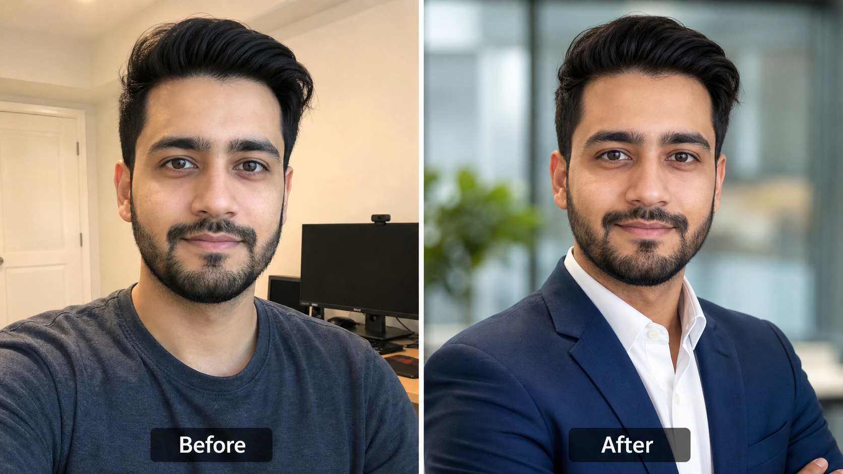 Before and after comparison showing a casual Indian selfie transformed into a professional AI LinkedIn headshot.